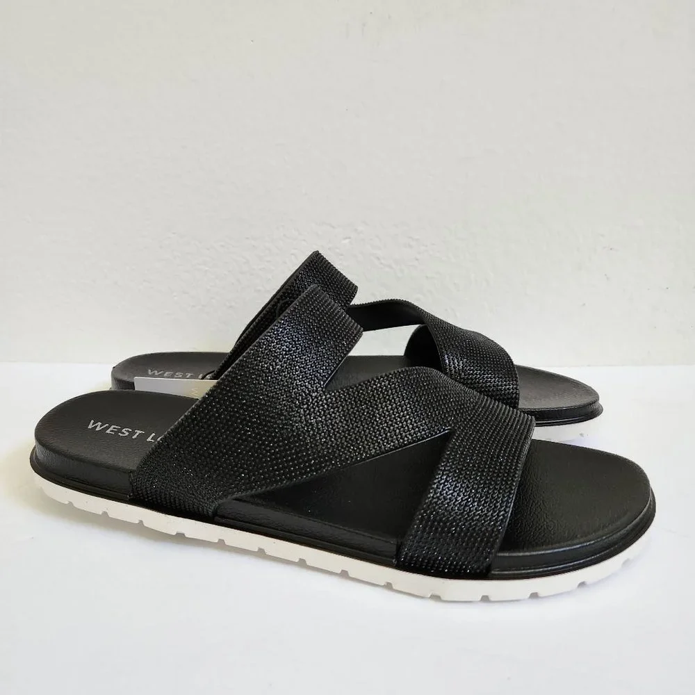 West Loop Women's Casual Slip-on Glitter Slide Sandals, Black Size 7-8